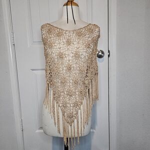 ​Vintage Citron Santa Monica Gold Crochet Beaded Fringe Poncho Top One Size